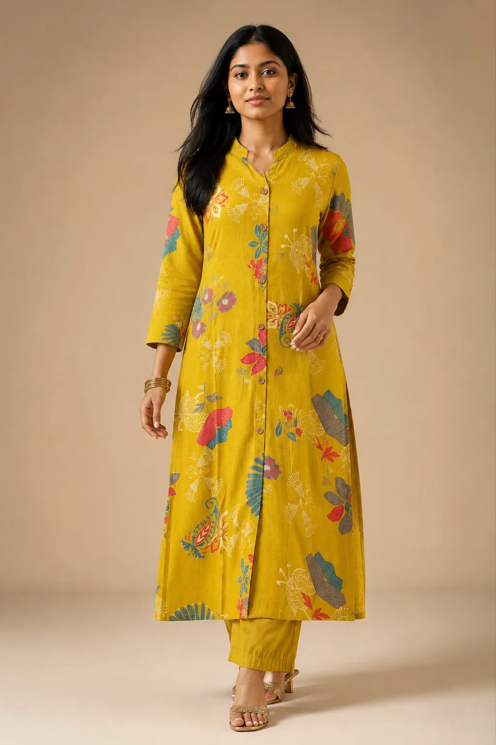 Floral Bamboo Cotton Kurti Pant Set in Mustard Yellow