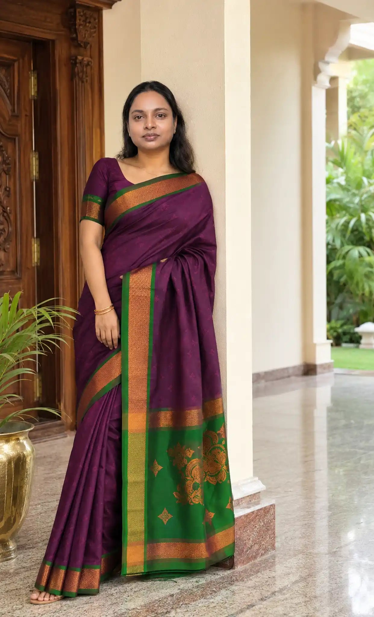 3D Embossed Soft Silk Saree with Contrast Green Pallu - Full Drape | Women Fashion India