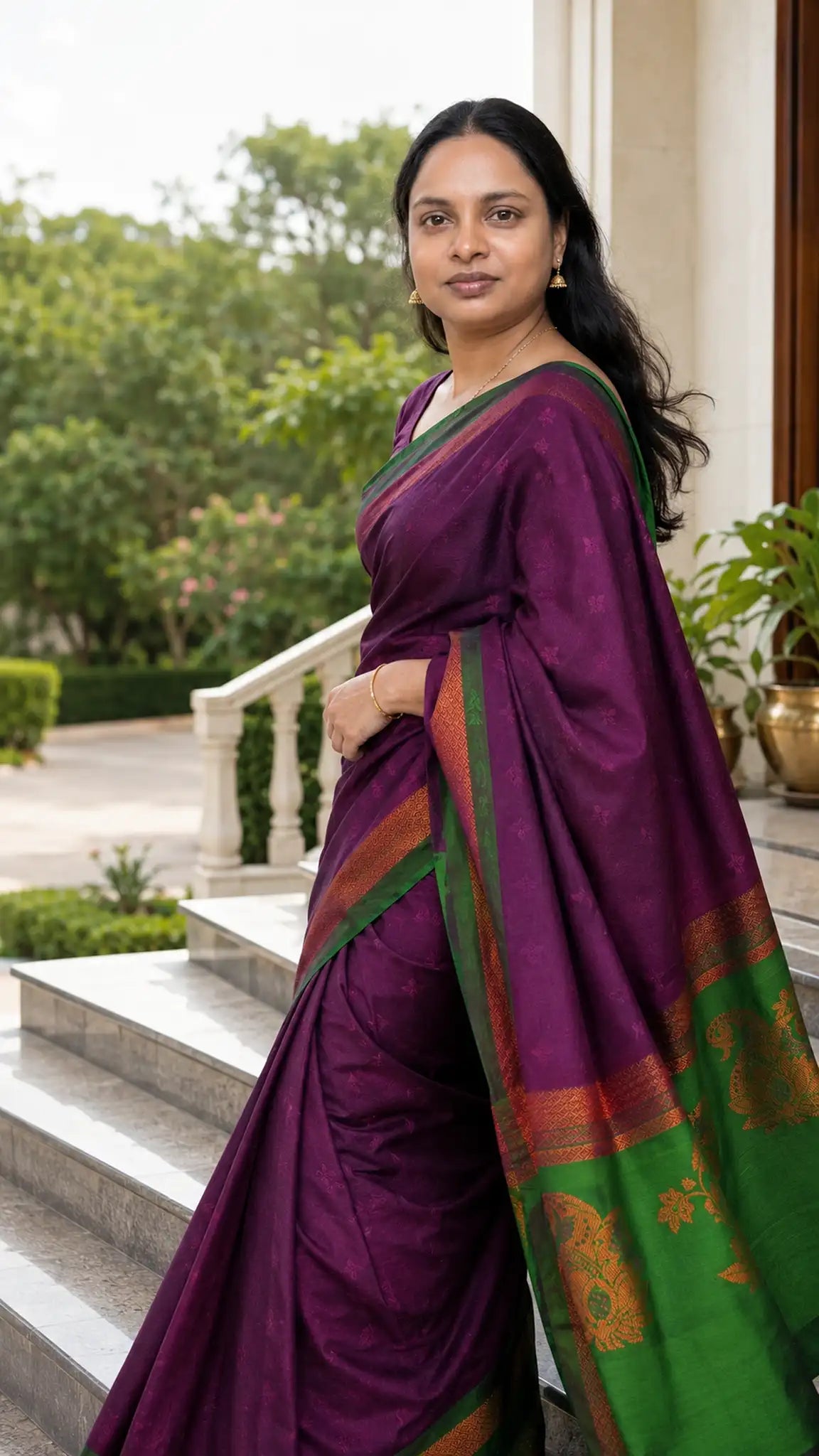 3D Embossed Soft Silk Saree with Contrast Green Pallu - Pallu Detail | Women Fashion India