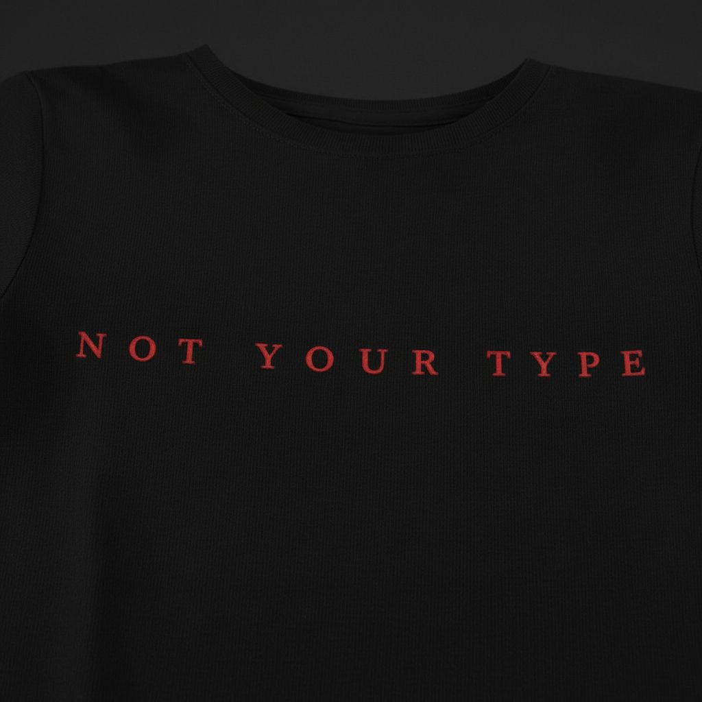 Black t-shirt with red text 'NOT YOUR TYPE' on a black background