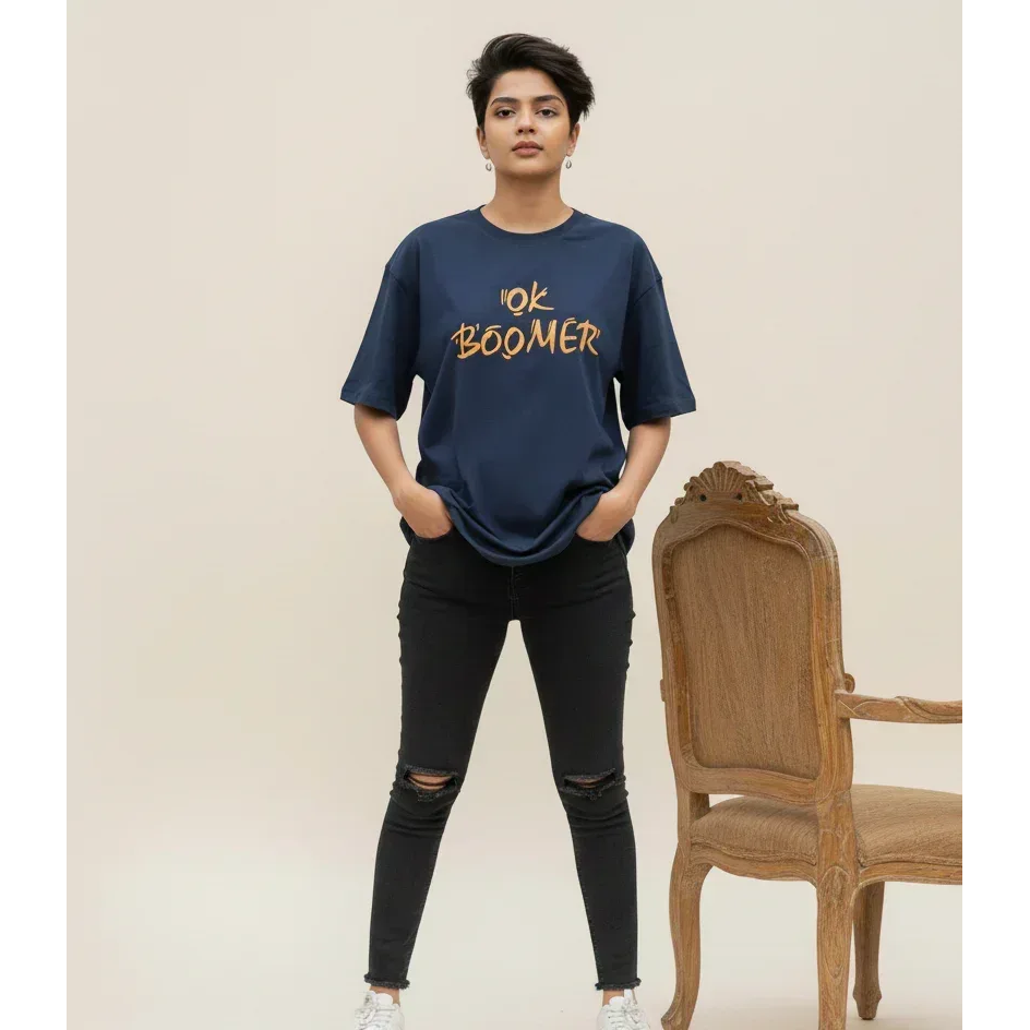 OK BOOMER – Unisex Oversized Navy Graphic Tee - TRESSNY