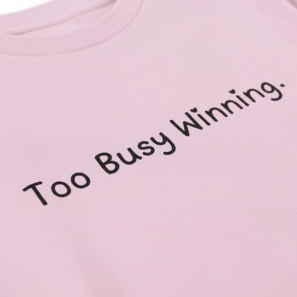 Pink oversized cotton T shirt with Too Busy Winning. text printed in the center1 close up – TRESSNY