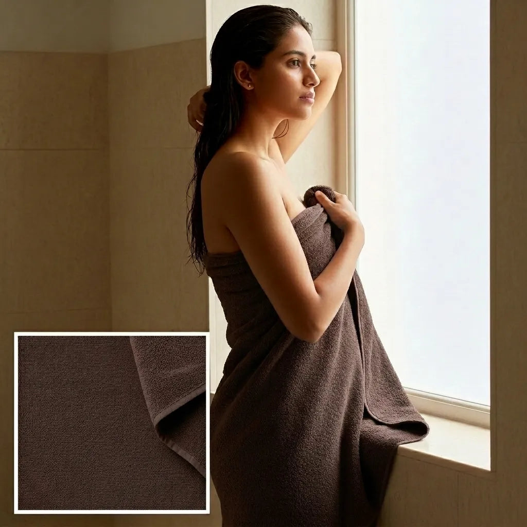 Woman wrapped in a brown towel by a window with a close-up of the towel's texture.