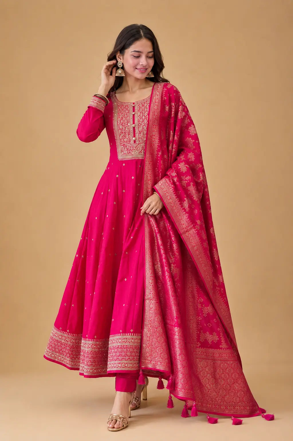 Akshara Anarkali Silk Kurti Pant Banarasi Dupatta Set - Back View | Women Fashion India