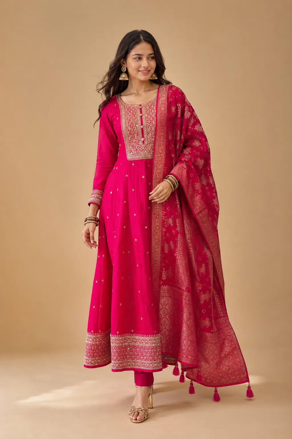 Akshara Anarkali Silk Kurti Pant Banarasi Dupatta Set - Front View | Women Fashion India
