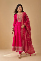 Akshara Anarkali Silk Kurti Pant Banarasi Dupatta Set - Front View | Women Fashion India
