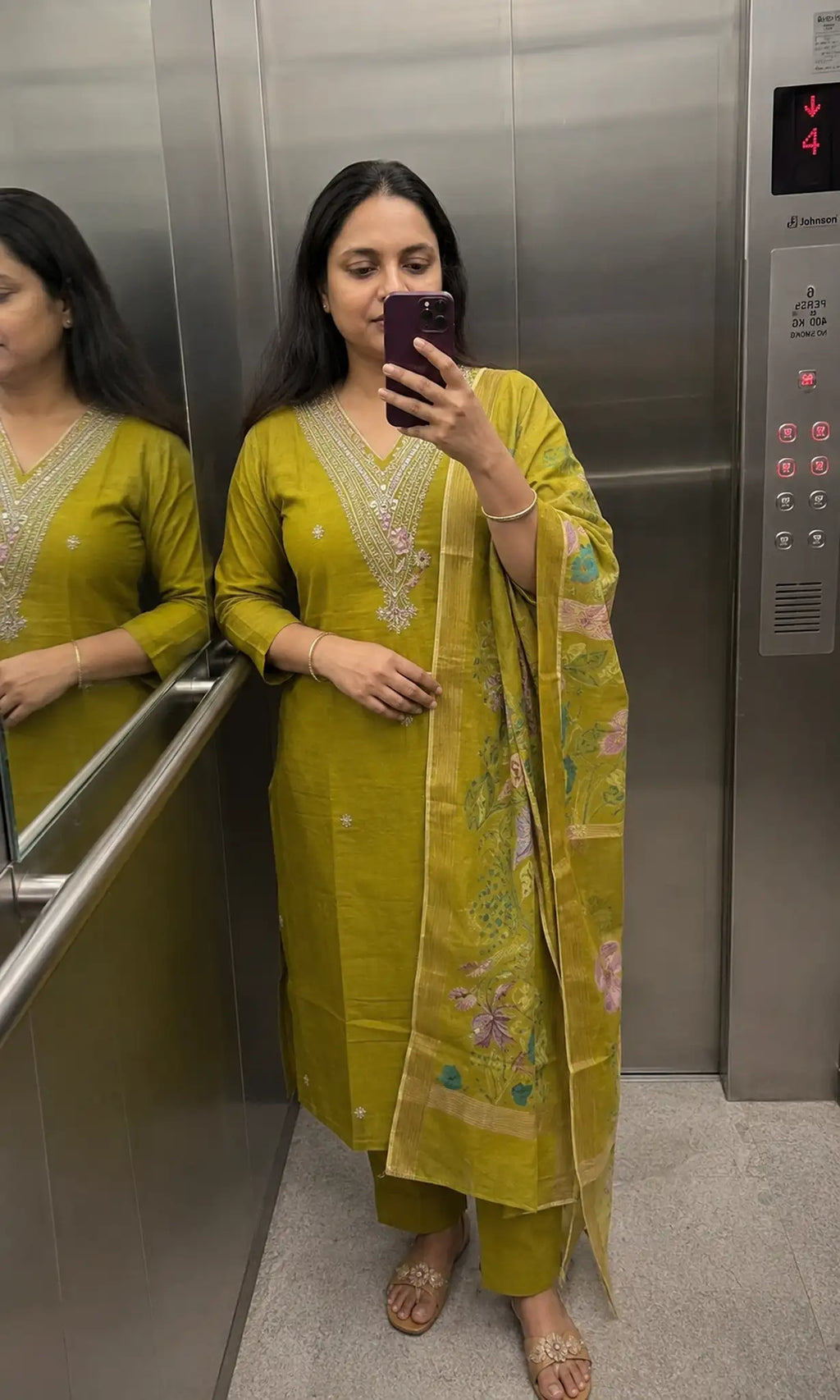 Mehendi Green Muslin Kurti Pant Set with Printed Dupatta - Front View | Women Fashion India