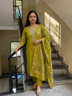 Mehendi Green Muslin Kurti Pant Set with Printed Dupatta - Side View | Women Fashion India