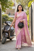 Baby Pink Banarasi Satin Silk Saree with Zari Tassel Pallu - Saree Border | Women Fashion India