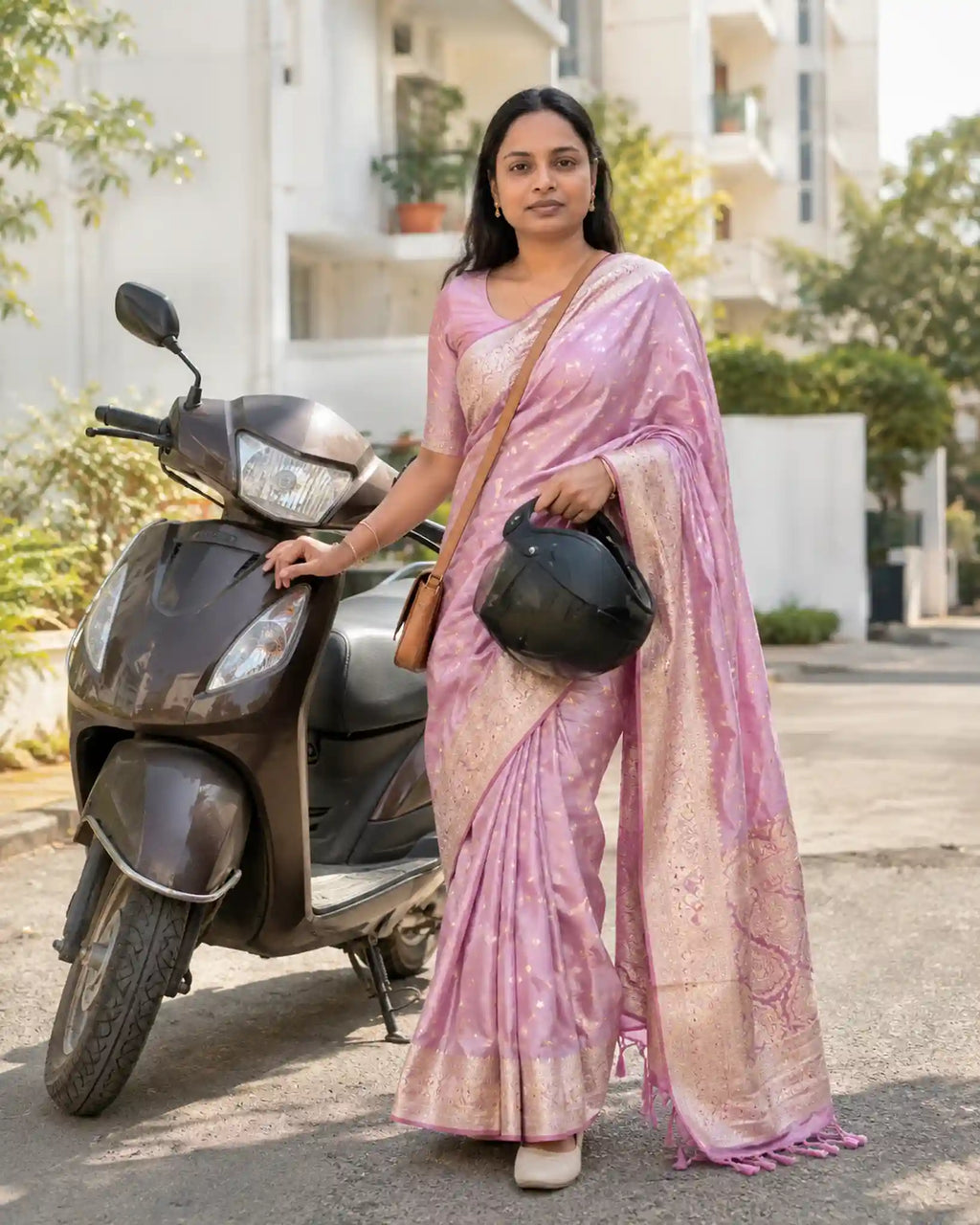 Baby Pink Banarasi Satin Silk Saree with Zari Tassel Pallu - Saree Flatlay | Women Fashion India