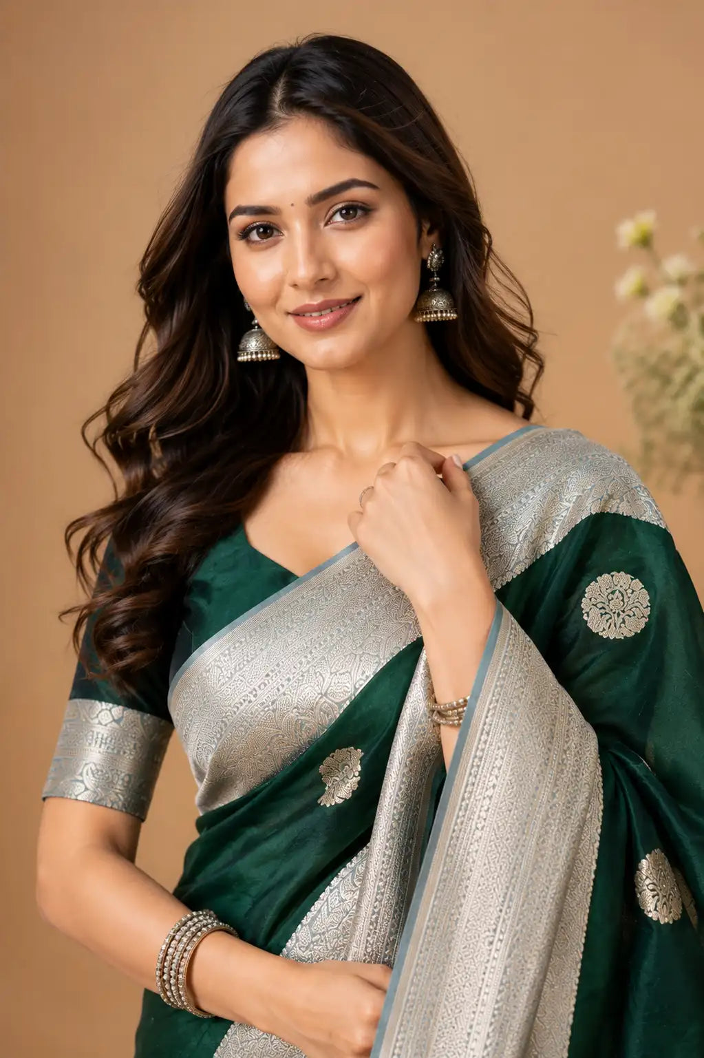 Banarasi semi katan silk saree emerald green close-up – TRESSNY