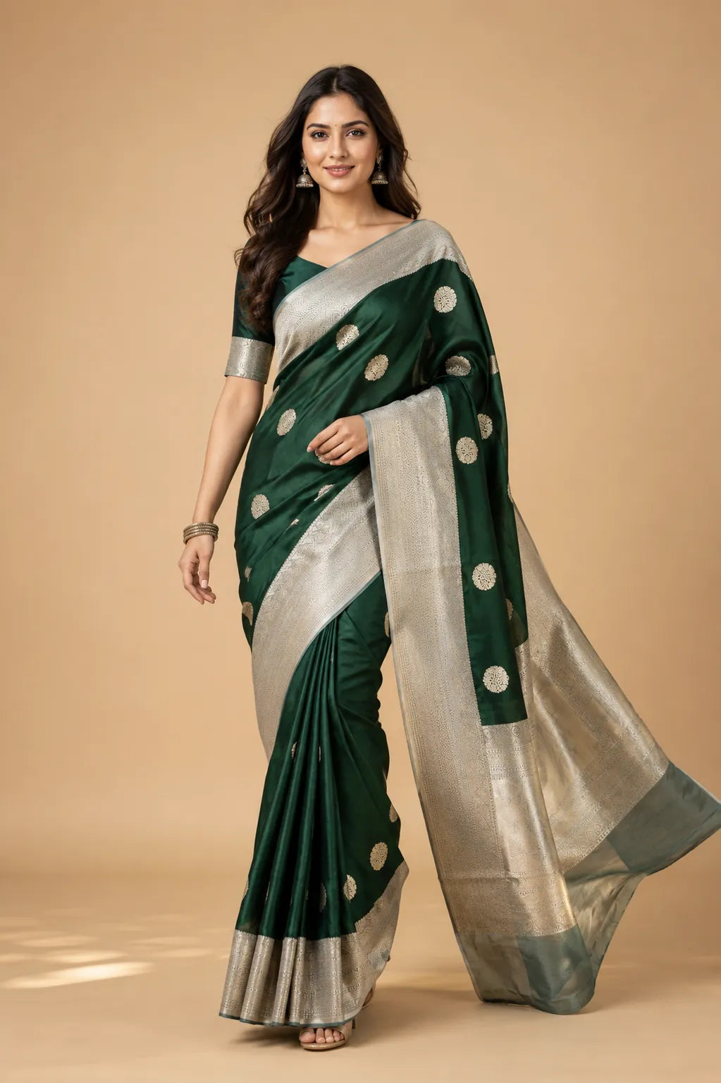 Banarasi semi katan silk saree emerald green front view – TRESSNY