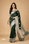 Banarasi semi katan silk saree emerald green front view – TRESSNY