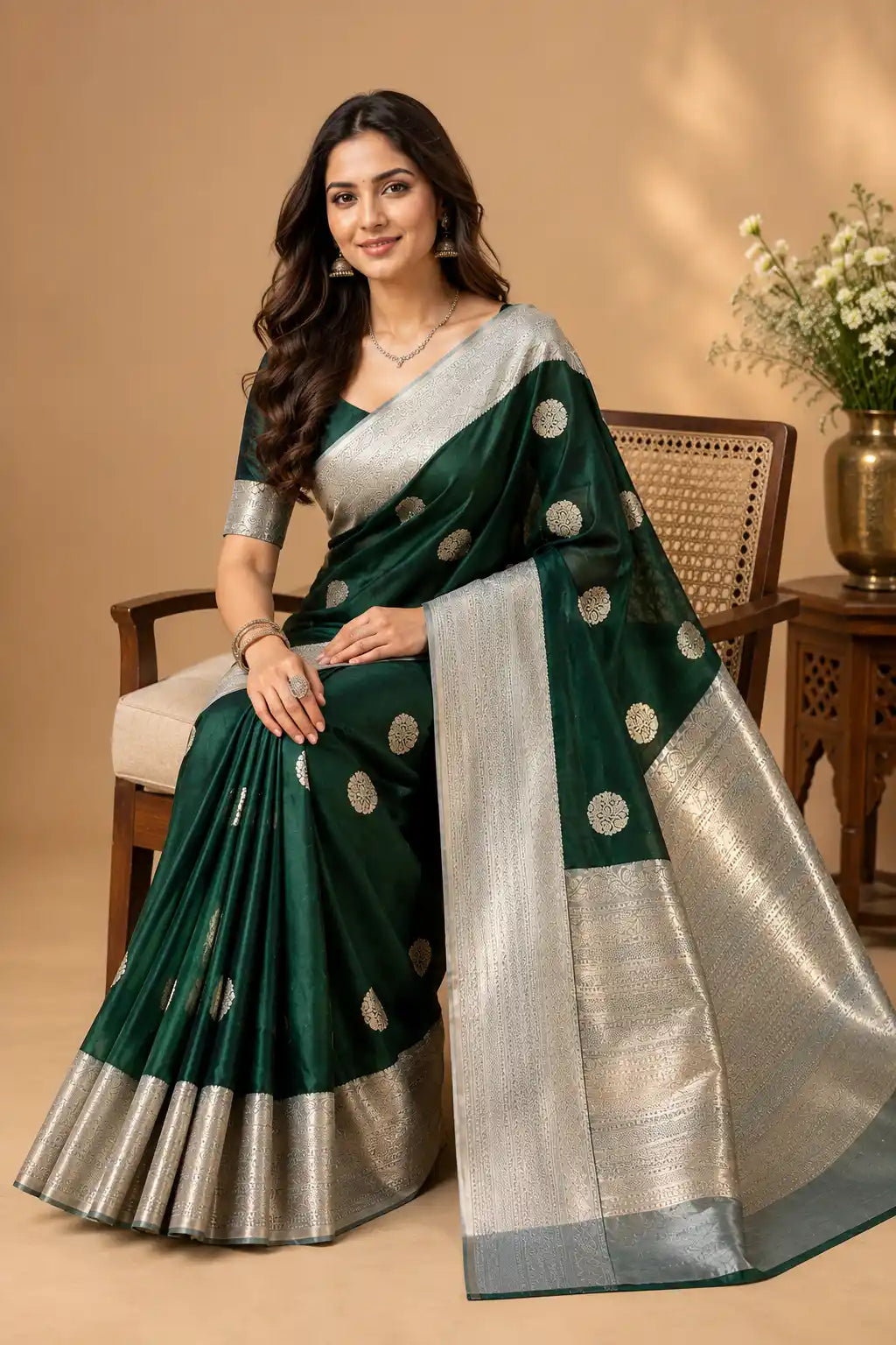 Banarasi semi katan silk saree emerald green seated view – TRESSNY