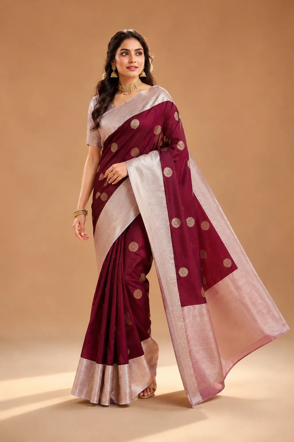 Banarasi semi katan silk saree wine – TRESSNY