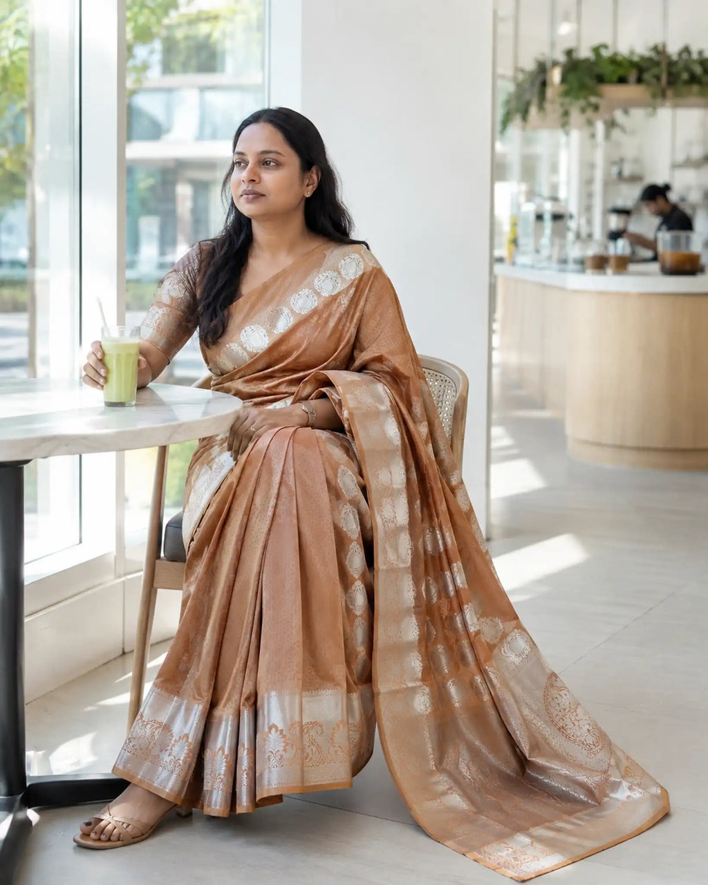 Beige Soft Silk Saree with Silver Zari Butta and Pallu - Full Drape | Women Fashion India