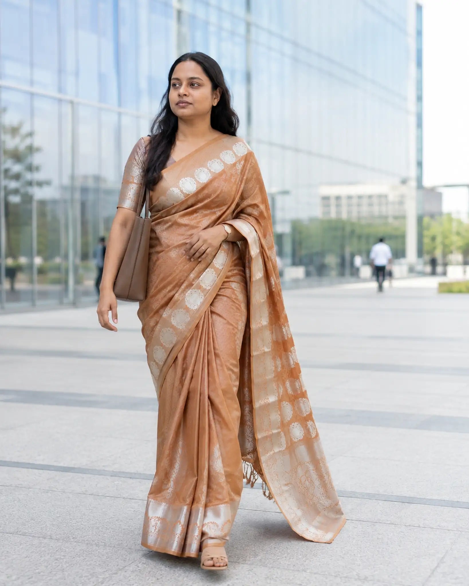 Beige Soft Silk Saree with Silver Zari Butta and Pallu - Pallu Detail | Women Fashion India