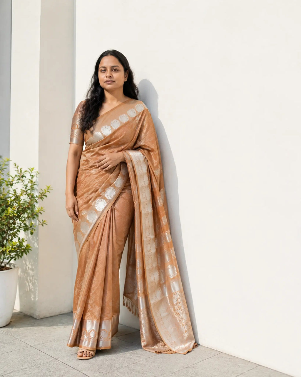 Beige Soft Silk Saree with Silver Zari Butta and Pallu - Zari Border | Women Fashion India