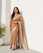 Beige Soft Silk Saree with Silver Zari Butta and Pallu - Zari Border | Women Fashion India