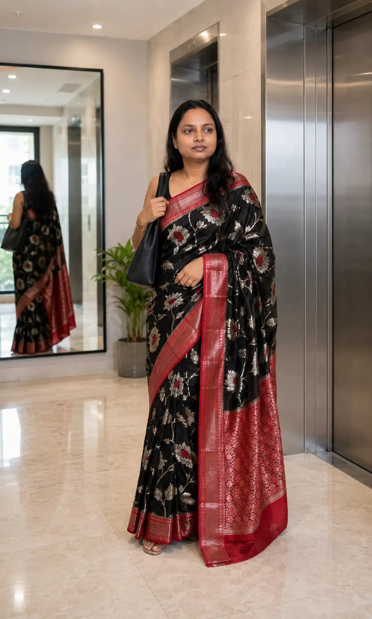 Black Banarasi Silk Saree with Zari Floral Jaal Border - Border Closeup | Women Fashion India