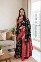 Black Banarasi Silk Saree with Zari Floral Jaal Border - Full Drape | Women Fashion India