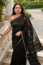 Black Maheshwari Silk Cotton Saree with Gold Zari Buttas - Pallu Detail | Women Fashion India