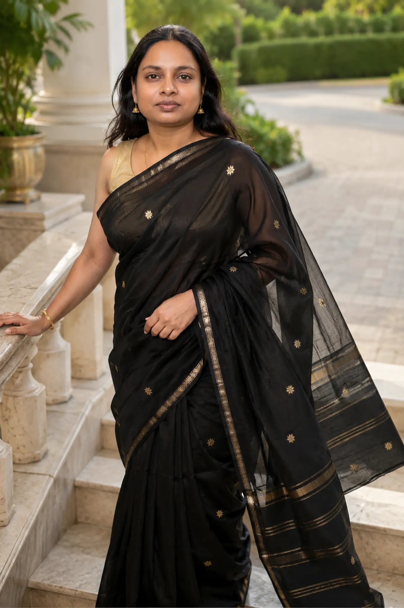 Black Maheshwari Silk Cotton Saree with Gold Zari Buttas - Pallu Detail | Women Fashion India