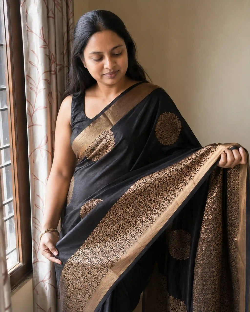 Black Kanchi Soft Silk Saree with Gold Zari Buttas and Pallu - Side View | Women Fashion India