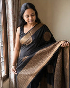 Black Kanchi Soft Silk Saree with Gold Zari Buttas and Pallu - Side View | Women Fashion India