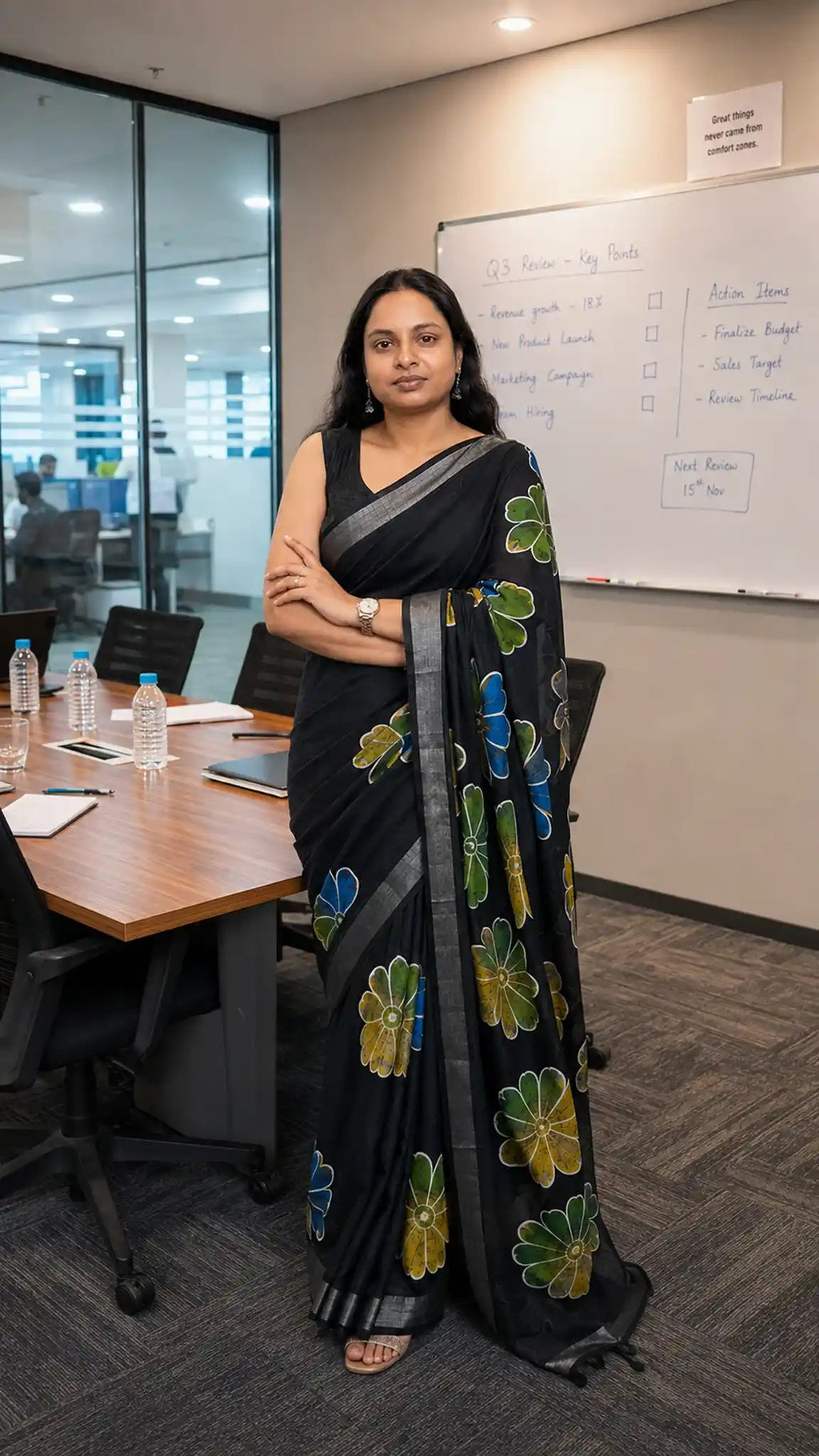 Black Pure Linen Saree with Digital Batik Floral Print - Border Closeup | Women Fashion India