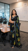 Black Pure Linen Saree with Digital Batik Floral Print - Border Closeup | Women Fashion India