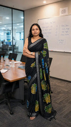 Black Pure Linen Saree with Digital Batik Floral Print - Border Closeup | Women Fashion India