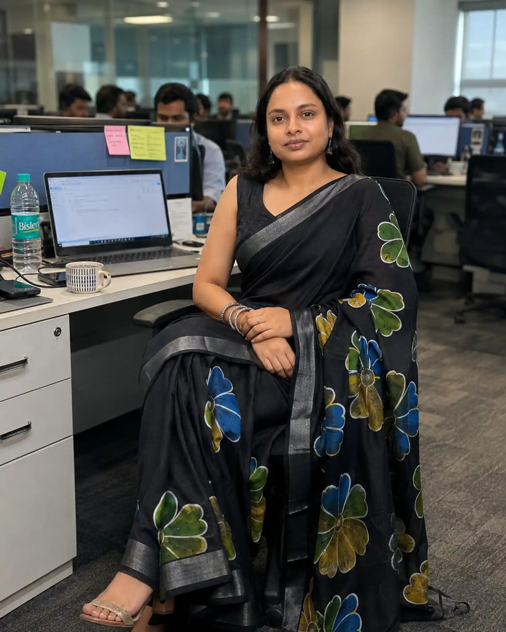 Black Pure Linen Saree with Digital Batik Floral Print - Full Drape | Women Fashion India