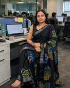 Black Pure Linen Saree with Digital Batik Floral Print - Full Drape | Women Fashion India