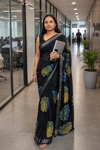 Black Pure Linen Saree with Digital Batik Floral Print - Pallu Detail | Women Fashion India
