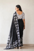 Black Printed Linen Saree with Mirror Work for Festive Wear - Work Drape | Women Fashion India