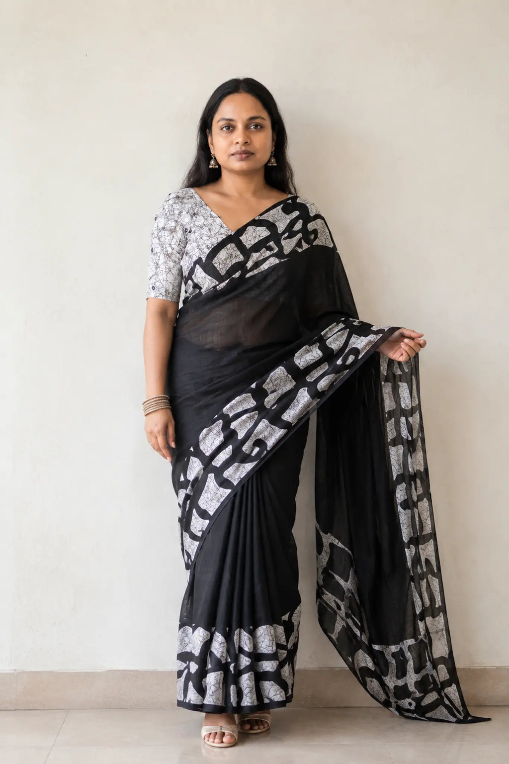Black Printed Linen Saree with Mirror Work for Festive Wear - Work Front | Women Fashion India