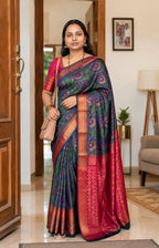 Bottle Green Bridal Silk Saree with Rani Pink Pallu - Border Closeup | Women Fashion India