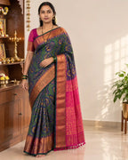 Bottle Green Bridal Silk Saree with Rani Pink Pallu - Full View | Women Fashion India