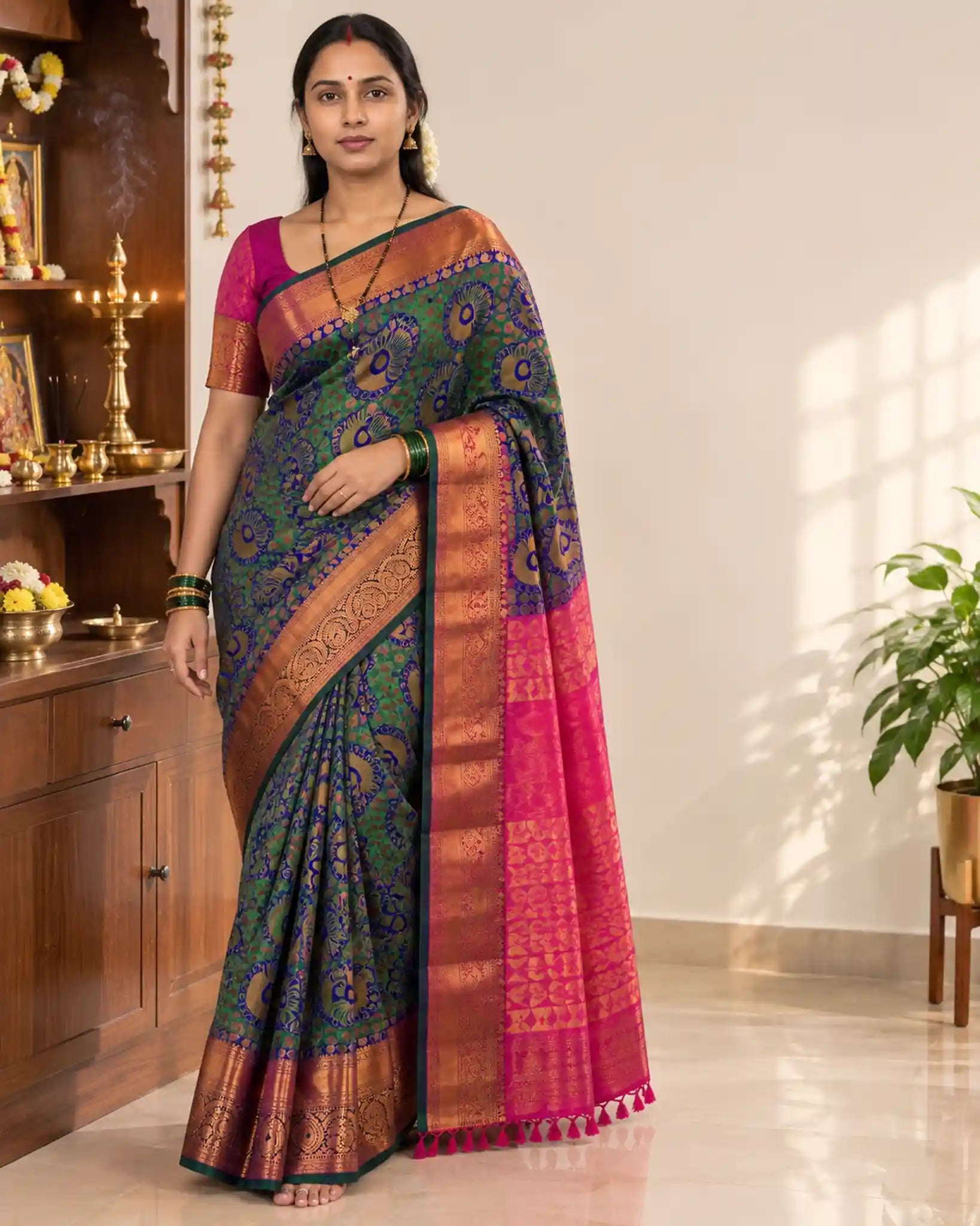 Bottle Green Bridal Silk Saree with Rani Pink Pallu - Full View | Women Fashion India
