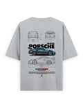 Gray t-shirt with Porsche car design on a white background