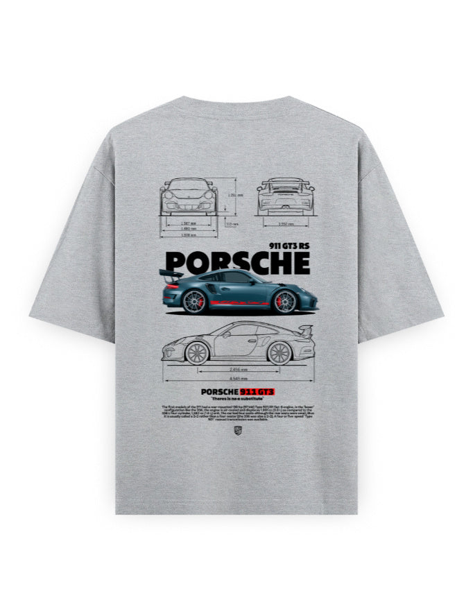Gray t-shirt with Porsche car design on a white background