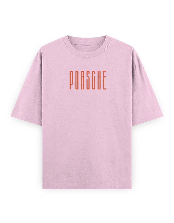 Pink t-shirt with 'PORSCHE' text on a white background