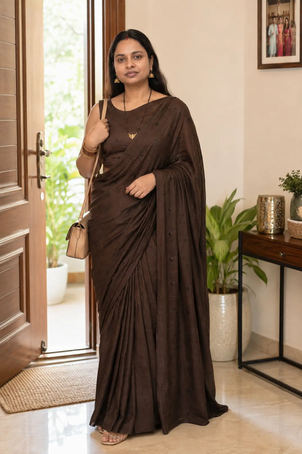 Coffee Brown Crush Silk Sequin Saree with Running Blouse - Buti Closeup | Women Fashion India