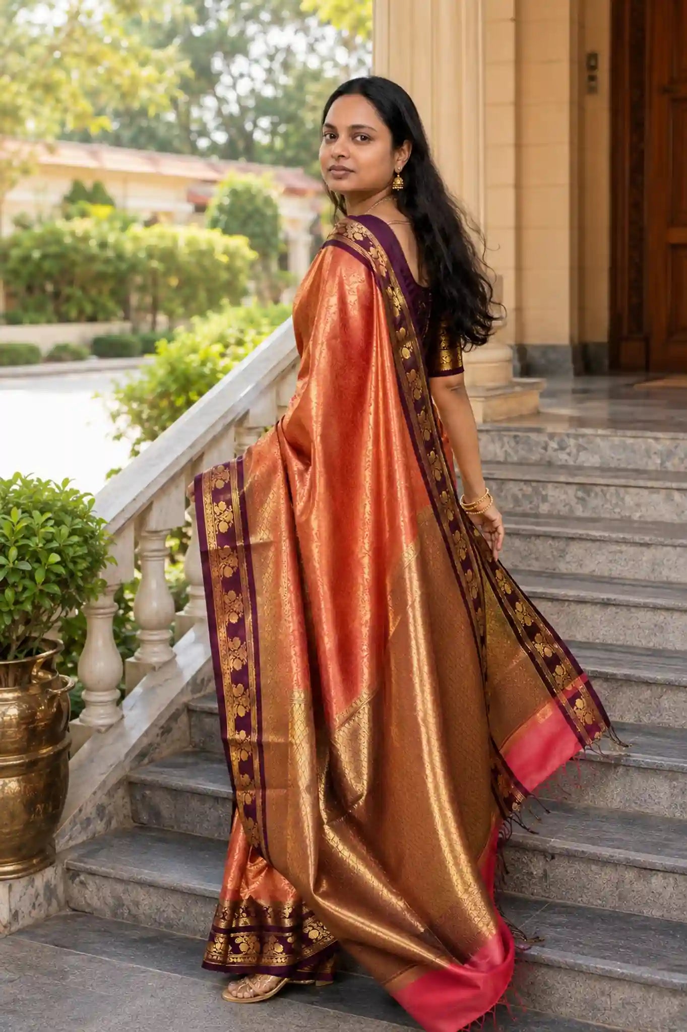 Coral Tanchui Soft Silk Saree with Wine Zari Border - Saree Border | Women Fashion India