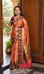 Coral Tanchui Soft Silk Saree with Wine Zari Border - Saree Front | Women Fashion India