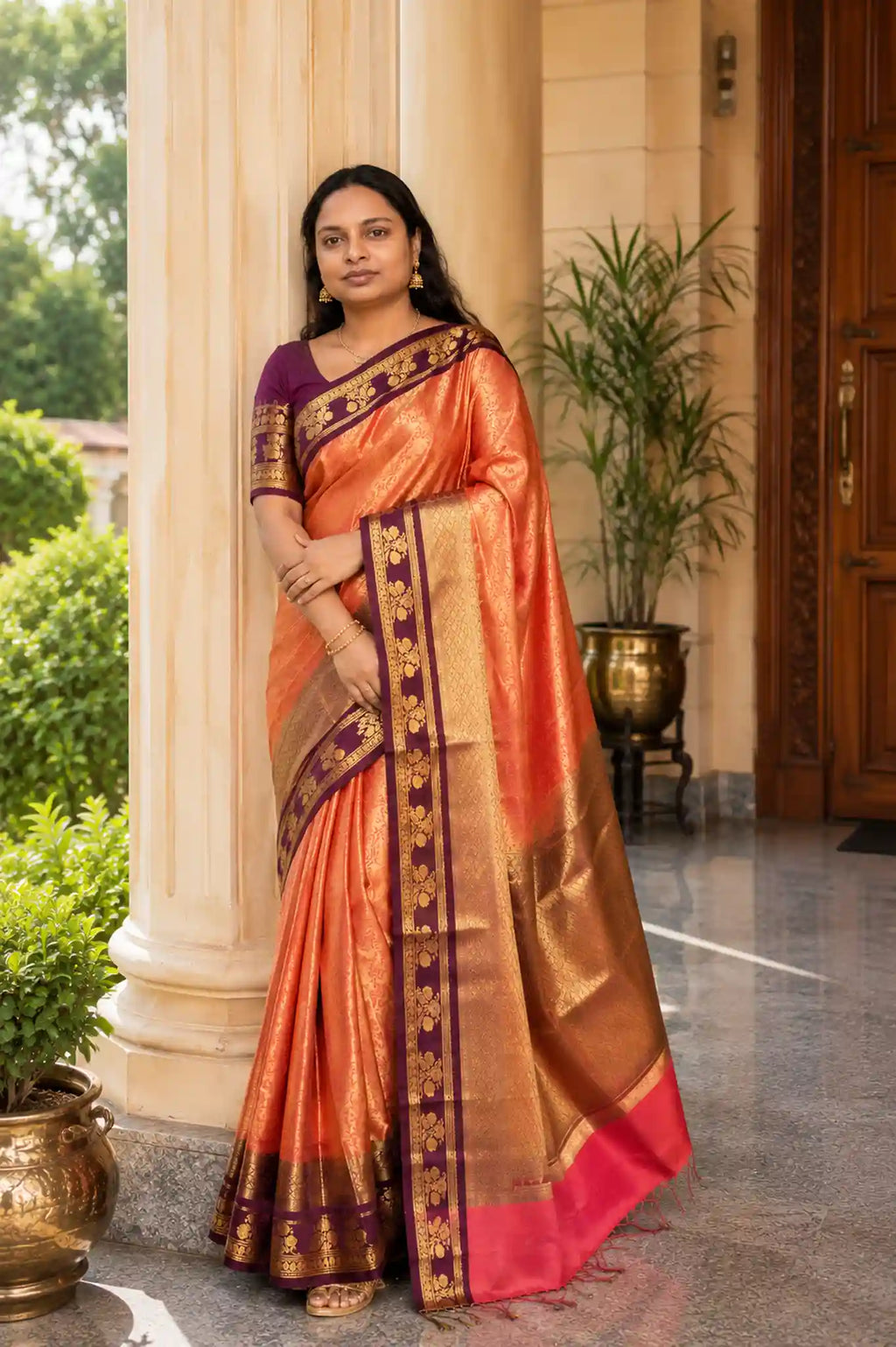 Coral Tanchui Soft Silk Saree with Wine Zari Border - Saree Pallu | Women Fashion India