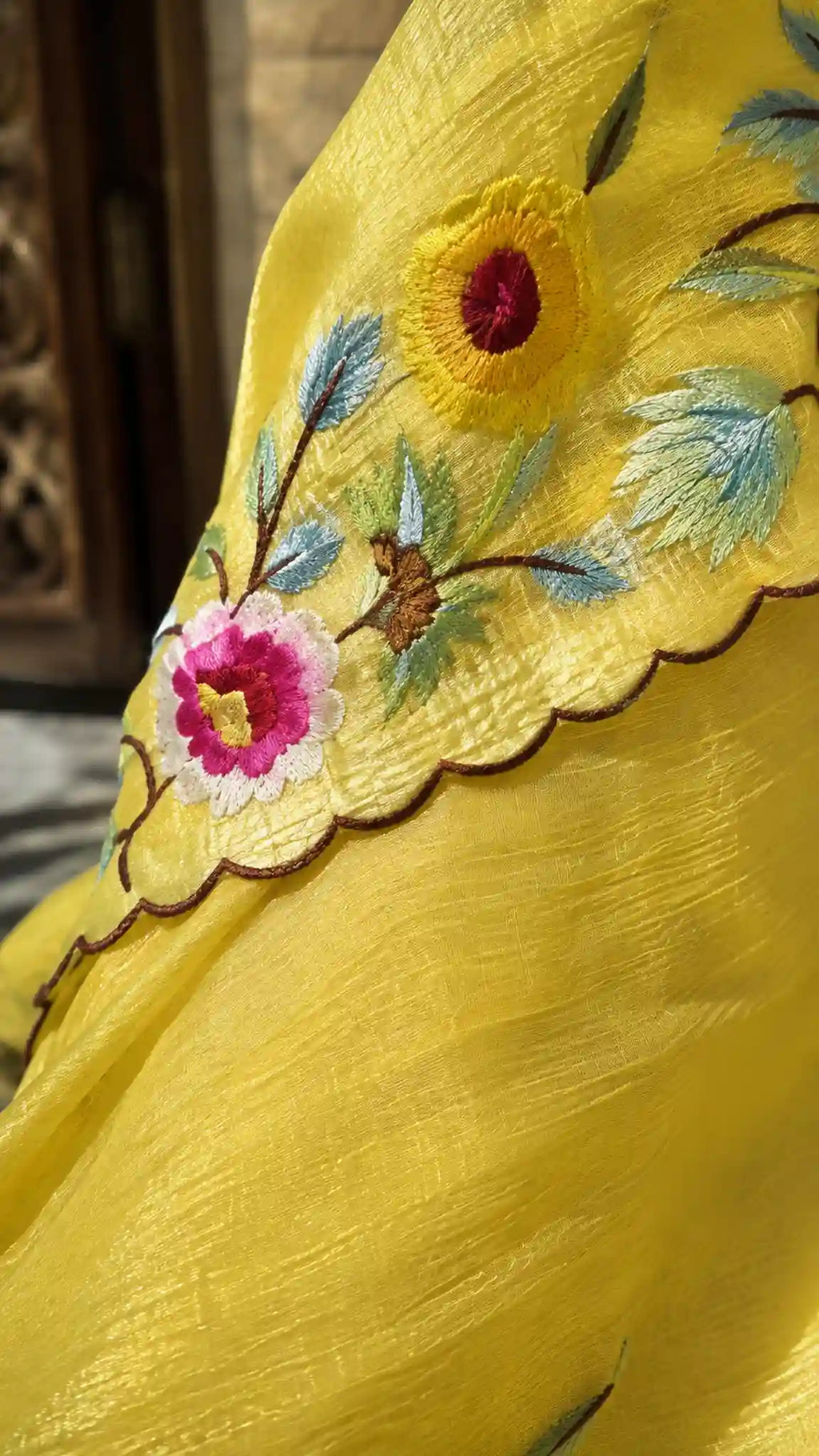 Lemon Yellow Floral Embroidered Organza Partywear Saree - Border Closeup | Women Fashion India
