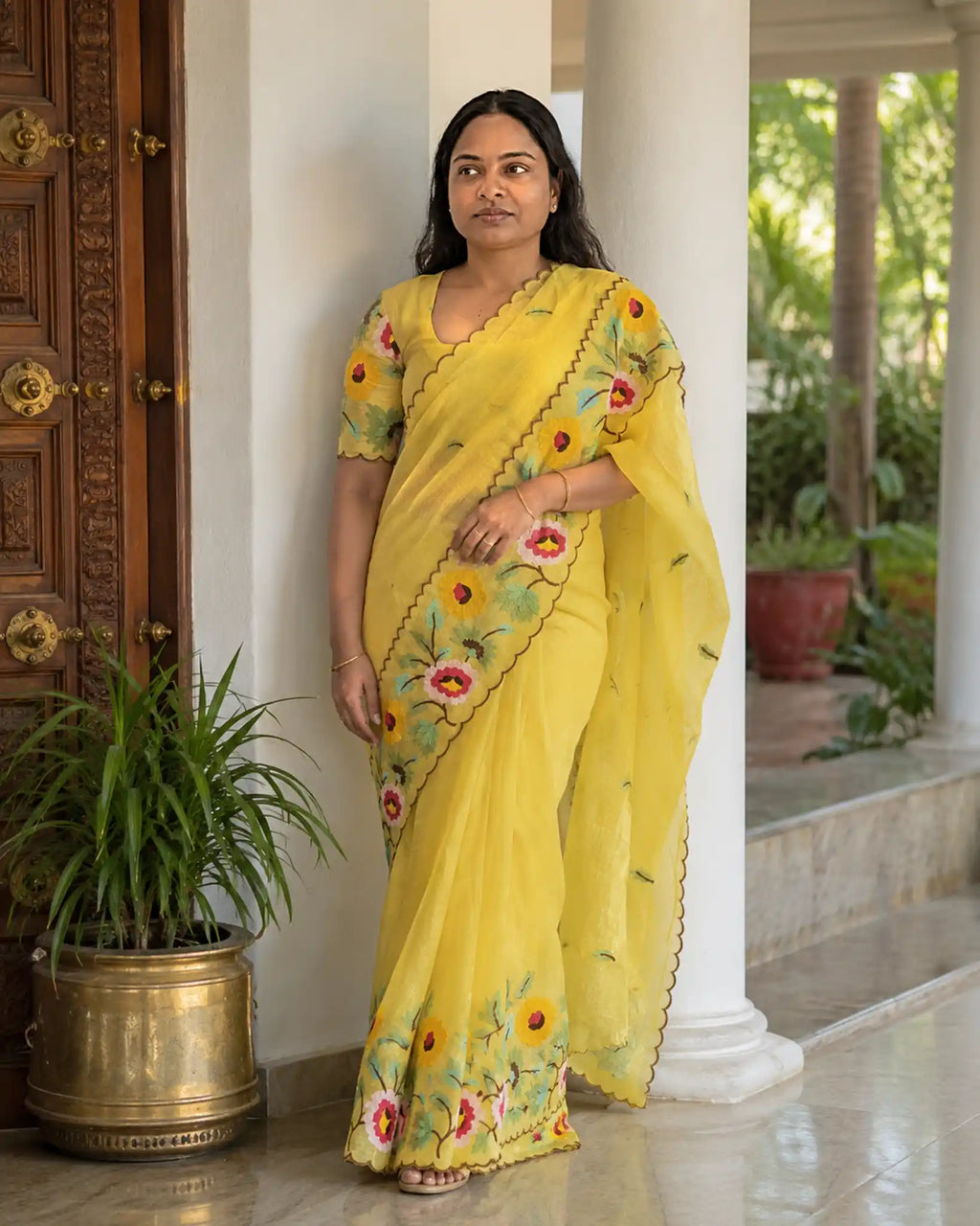 Lemon Yellow Floral Embroidered Organza Partywear Saree - Front Drape | Women Fashion India