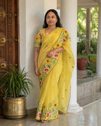Lemon Yellow Floral Embroidered Organza Partywear Saree - Front Drape | Women Fashion India